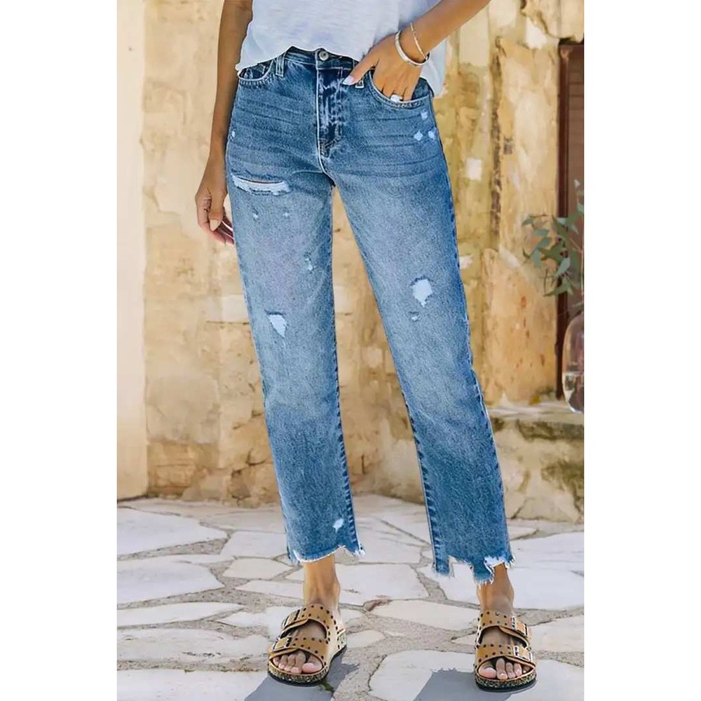 Flamingals Womens XL Distressed Straight Leg Jeans Blue Ripped Raw Hem